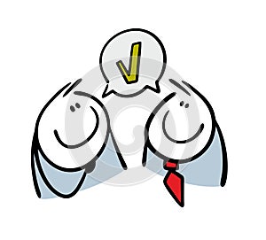 Two businessmen are discussing a business project and have come to an agreement. Vector illustration of a stickman and a