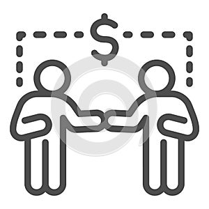 Two businessmen and dollar sign line icon, communication concept, Business people handshake sign on white background