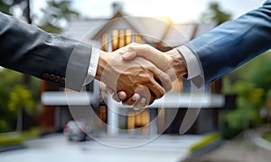 Two businessmen dressed elegant business suits handshake image with exceptional family house real estate on background. Success