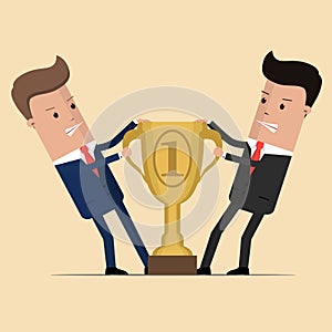 Two businessmen fighting each other for winning award. Angry competing office workers pulling golden prize or trophy. Vector illus