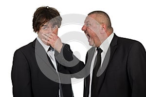 Two businessmen find out emotionally attitudes isolated on white background