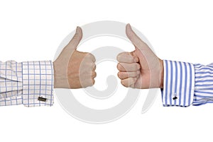 Two businessmen hands giving thumbs up signs isolated on white background