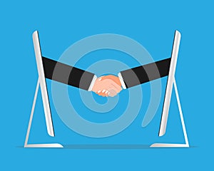 Two Businessmen Handshaking Through Computer Screens, Blue Background, Illustration