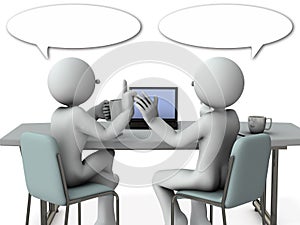Two businessmen having a meeting while looking at the computer screen. Have a casual conversation over a cup of coffee.