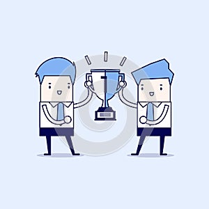 Two businessmen holding gold winner cup together. Cartoon character thin line style vector.
