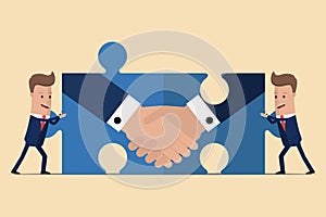 Two businessmen holding puzzle elements with a handshake. Partnership concept. Symbol of a successful transaction. Vector illustra