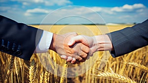 Two businessmen in a jacket and shirt shake hands while concluding a grain and wheat trade close-up, next to a wheat