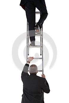 Two businessmen on a ladder