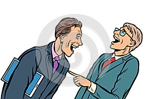 Two businessmen meeting laughing isolate on white background