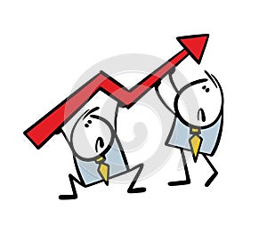 Two businessmen in the office hardly raise red arrow, increase profits. Vector illustration of a business team working