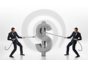 Two businessmen pulling big concrete 3d dollar sign with ropes in opposite directions isolated on white background