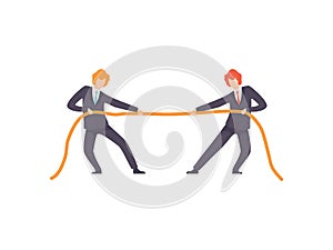 Two Businessmen Pulling Opposite Ends of Rope, Business Competition, Rivalry Between Colleagues, Office Workers