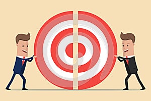 Two businessmen pushing a pieces of big target together. Business teamwork concept. Vector illustration