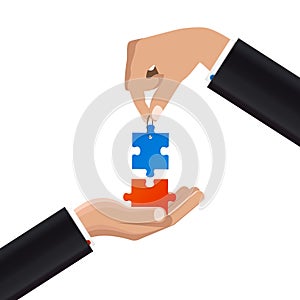 Two Businessmen putting puzzle pieces together. Vector