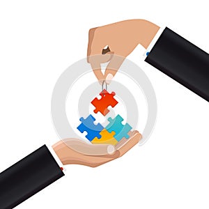 Two Businessmen putting puzzle pieces together. Vector