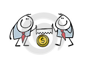 Two businessmen sawing tree trunk with dollar sign or gold coin with hand saw. Vector illustration of mutually