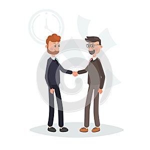 Two businessmen shake hands color flat illustration