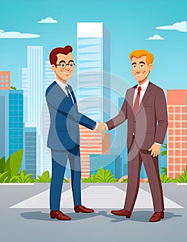 Two businessmen shake hands on modern building background. Flat style illustration clipart. Two happy business man