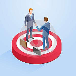 Two businessmen shake hands on the target. Vector Isometric illustration