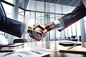 Two businessmen shaking hands above a sleek modern office table