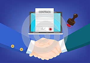 Two businessmen shaking hands after contracting an agreement Contract stamped and signed e-documant file in notebook. Flat style
