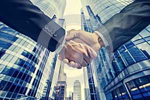 Two businessmen shaking hands in front of office buildings. Close-up of handshake, corporate agreement concept with