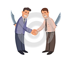 Two businessmen shaking hands with knives behind their backs. Businessmen-hypocrites. Flat vector illustration. Isolated