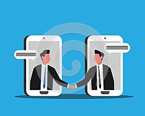 Two Businessmen Shaking Hands Through Phones Screens, Blue Background, Illustration