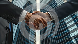 Two businessmen shaking hands photo blurred skyscraper office background, Generated AI