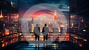 two businessmen standing in front of a huge window of a skyscraper and looking out on the big city at night