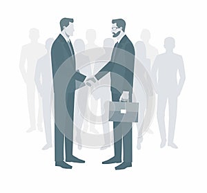 Two businessmen in suits shaking hands. to sign a contract . The concept of a successful transaction. group of people