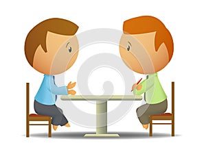 Two businessmen talk at the table