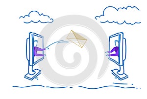 Two businessmen throwing envelope message online chat communication internet mail transfer sketch doodle horizontal