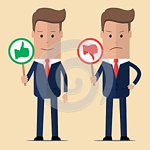 Two businessmen with thumbs up and thumb down. Vector illustration