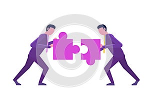 Two businessmen unite  the puzzle. Teamwork, working together isometric concept.