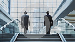 Two businessmen walking up stairs. Successful carrier, financial improvements, business competitors concept