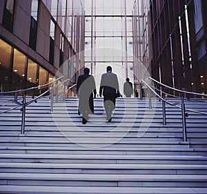 Two businessmen walking up stairs. Successful carrier, financial improvements, business competitors concept