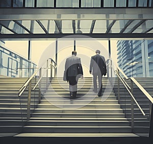 Two businessmen walking up stairs. Successful carrier, financial improvements, business competitors concept