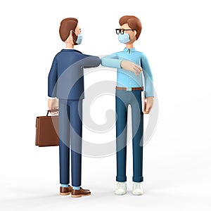 Two businessmen wearing protective face masks greeting bumping elbows. 3D illustration of the safe greetings in Covid-19