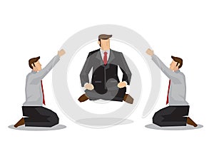 Two businessmen worshipping a business guru floating off the ground. Business metaphor. Concept of strong leadership. Vector