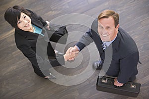 Two businesspeople indoors shaking hands smiling