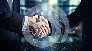 Two businesspeople shaking hands against abstract glowing polygonal background.Partnership concept.