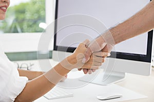 Two businesspersons fist-bumping in agreement at a meeting