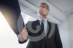 Two of businesss best. two businessmen shaking hands in a modern office.