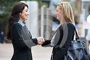 Two Businesswomen Shaking Hands Outside Office photo