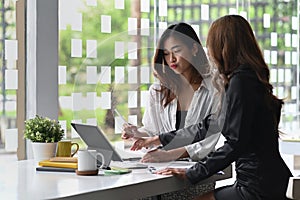 Two businesswomen sitting in office and working together.