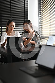 Two businesswomen are using computer tablet and discussing new project.