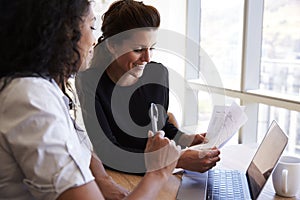 Two Businesswomen Using Laptop Computer In Office Meeting