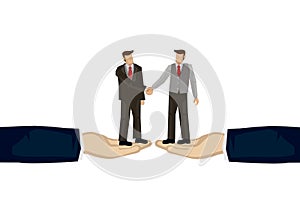 Two bussinessman shaking hands on top of two giant hands. Concept of of business cooperation or collaboration.