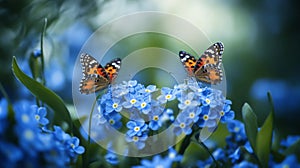 Two Butterflies on Blue Forgetmenots Flowers